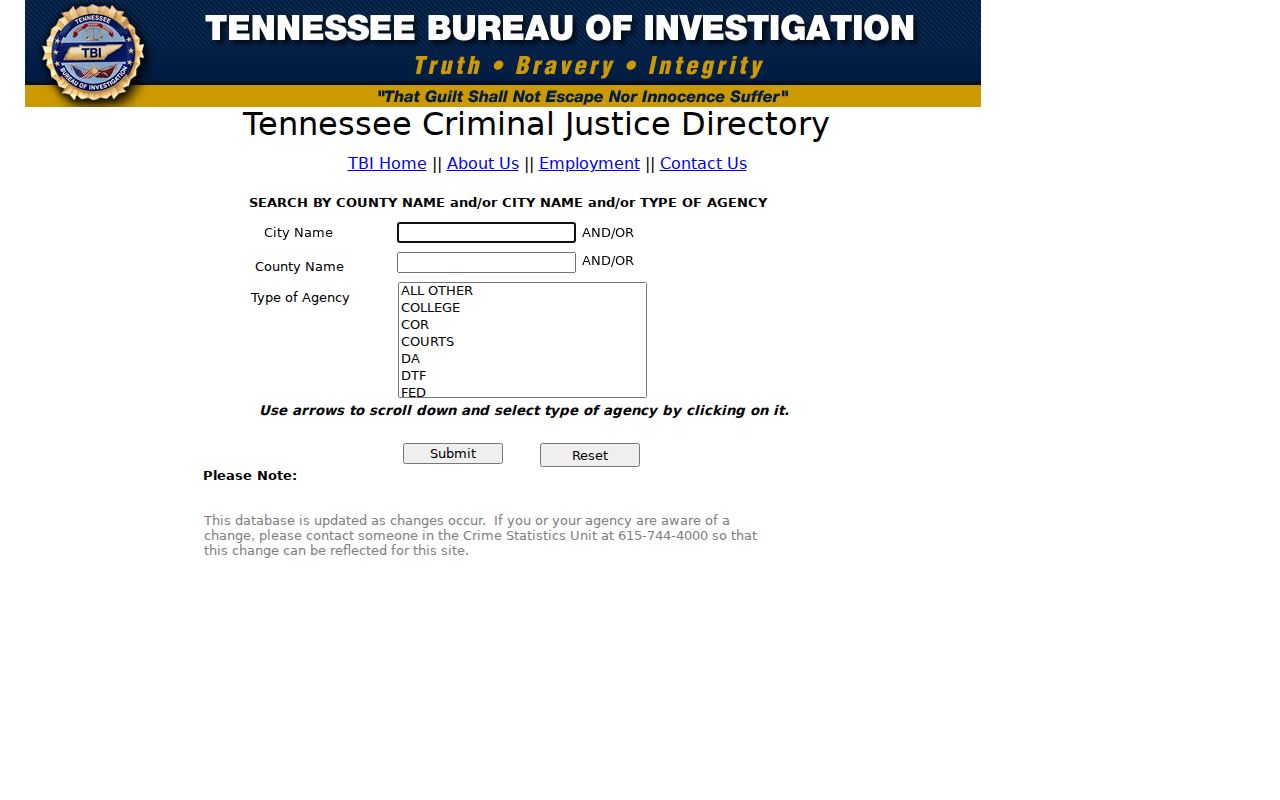 Hardin County warrant search, blank TBI agency-directory filters