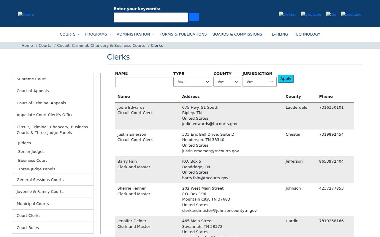 Hardin County warrant search, Tennessee court clerk directory entry